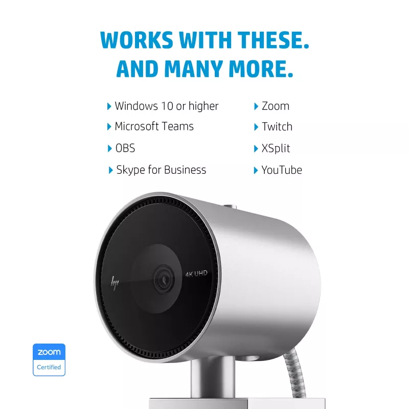 HP 950 4K internetinė kamera, 3840 x 2160 pikselių, Full HD, 30 fps, automatinis fokusavimas, automatinis šviesos reguliavimas