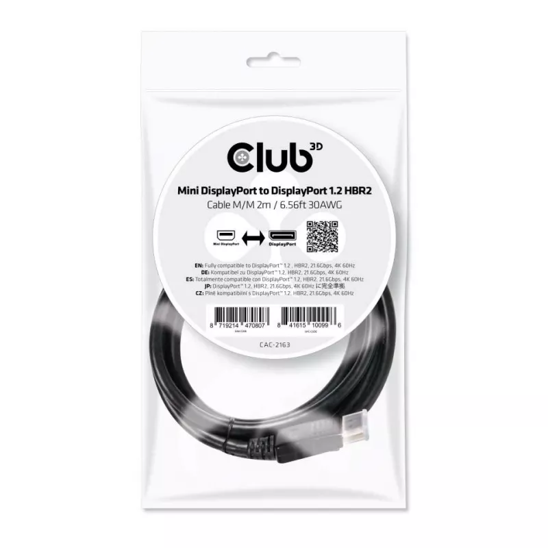 Club 3D CAC-2163 kabelis Mini DisplayPort į DisplayPort 1.2 HBR2, kištukas–kištukas, 2 m (6,56 ft), 4K60Hz