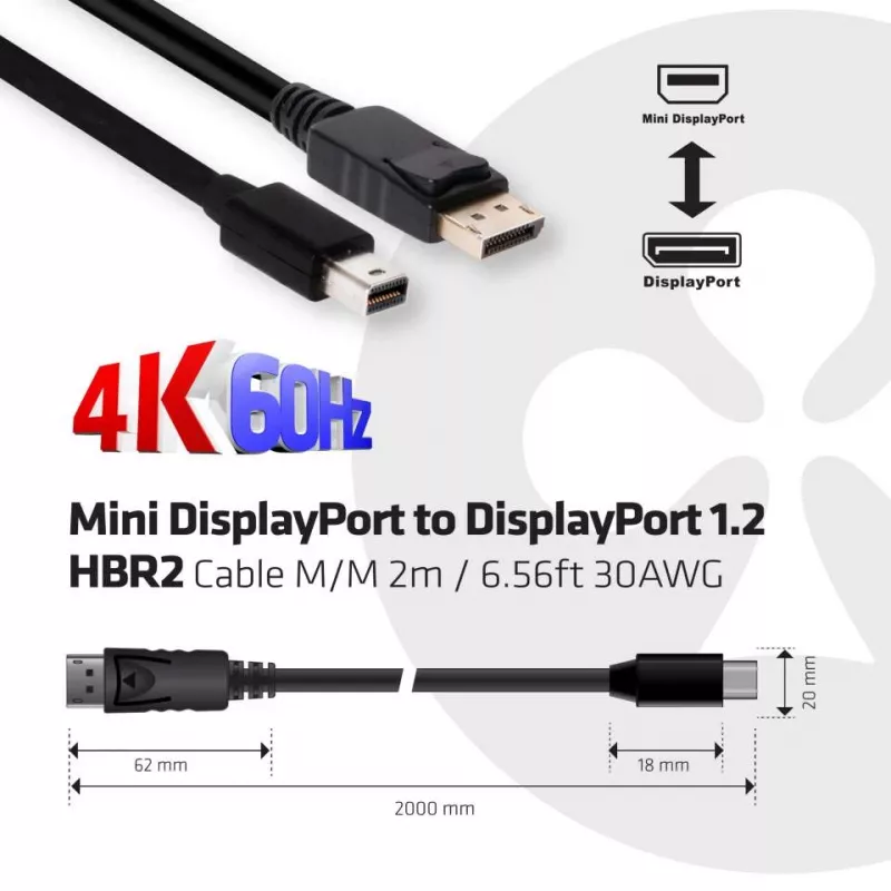 Club 3D CAC-2163 kabelis Mini DisplayPort į DisplayPort 1.2 HBR2, kištukas–kištukas, 2 m (6,56 ft), 4K60Hz