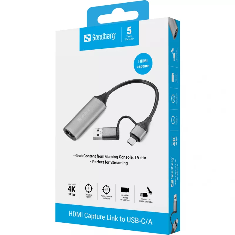 Sandberg HDMI fiksavimo jungtis prie USB-C/A, HDMI A tipo (standartinė), USB A tipo + USB C tipo, lizdas, kištukas, tiesus, tiesus