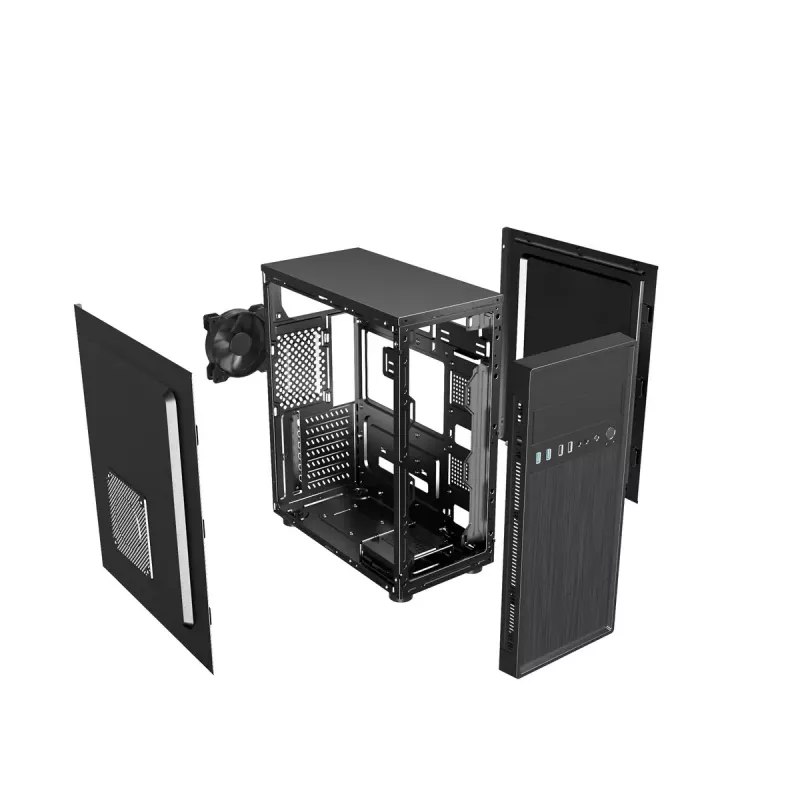 Korpusas GEMBIRD Fornax 160 Mini Tower juodas, SPCC, palaiko ITX/mATX/ATX, 1×3,5 colio + 3×2,5 colio vietos, 7 išplėtimo lizdai, 445×185×390 mm