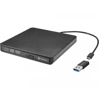 Sandberg USB-C/A DVD įrenginys, juodas, dėklinis, skirtas staliniam/nešiojamam kompiuteriui, DVD Super Multi DL, USB Type-C, CD-R, CD-ROM, CD-RW, DVD+R DL, DVD-R, DVD-R DL, DVD-RAM, DVD-ROM, DVD-RW