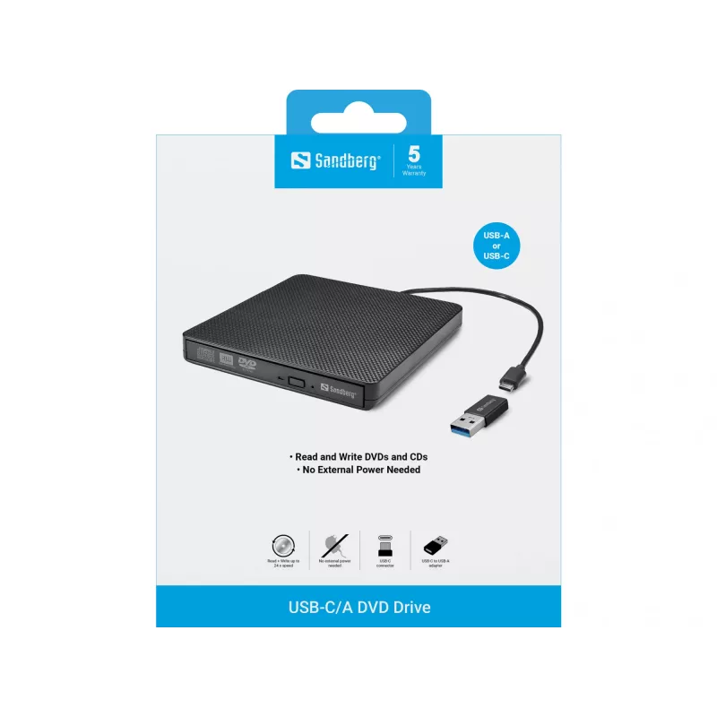 Sandberg USB-C/A DVD įrenginys, juodas, dėklinis, skirtas staliniam/nešiojamam kompiuteriui, DVD Super Multi DL, USB Type-C, CD-R, CD-ROM, CD-RW, DVD+R DL, DVD-R, DVD-R DL, DVD-RAM, DVD-ROM, DVD-RW