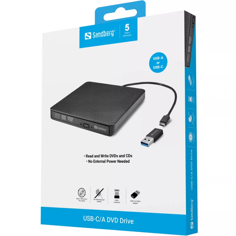 Sandberg USB-C/A DVD įrenginys, juodas, dėklinis, skirtas staliniam/nešiojamam kompiuteriui, DVD Super Multi DL, USB Type-C, CD-R, CD-ROM, CD-RW, DVD+R DL, DVD-R, DVD-R DL, DVD-RAM, DVD-ROM, DVD-RW