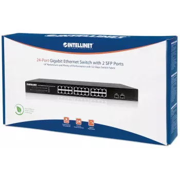 Intellinet 24 prievadų Gigabit Ethernet jungiklis su 2 SFP prievadais, 24 x 10/100/1000 Mbps RJ45 + 2 x SFP, IEEE 802.3az, 19 colių stelažinis, metalinis