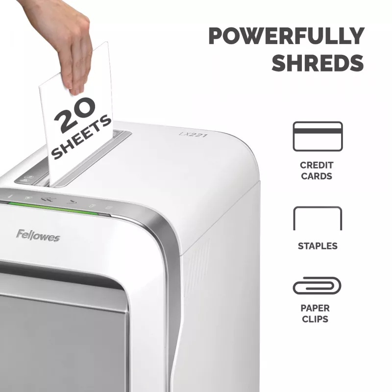 Fellowes LX221 popieriaus smulkintuvas, mikro pjūvis, 20 lapų, P-5, 30 l, baltas