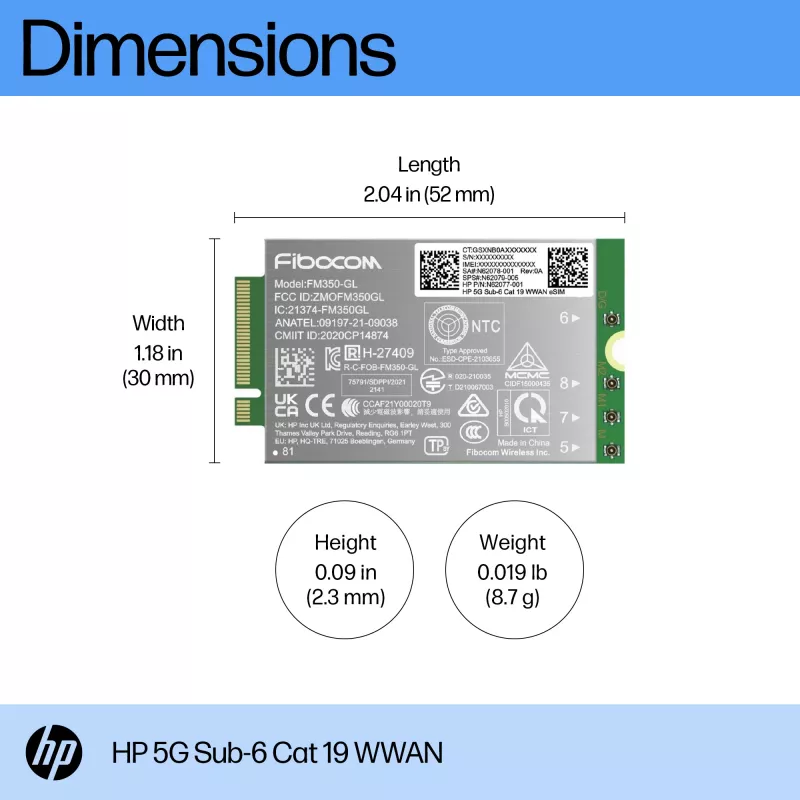 HP 5G Sub-6 Cat 19 WWAN – belaidžio plačiajuosčio ryšio adapteris nešiojamiesiems kompiuteriams