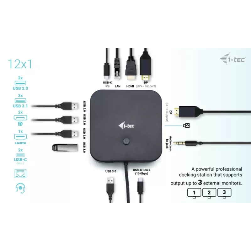 i-tec USB-C HDMI Dual DP dokų stotelė su 100 W maitinimo adapteriu