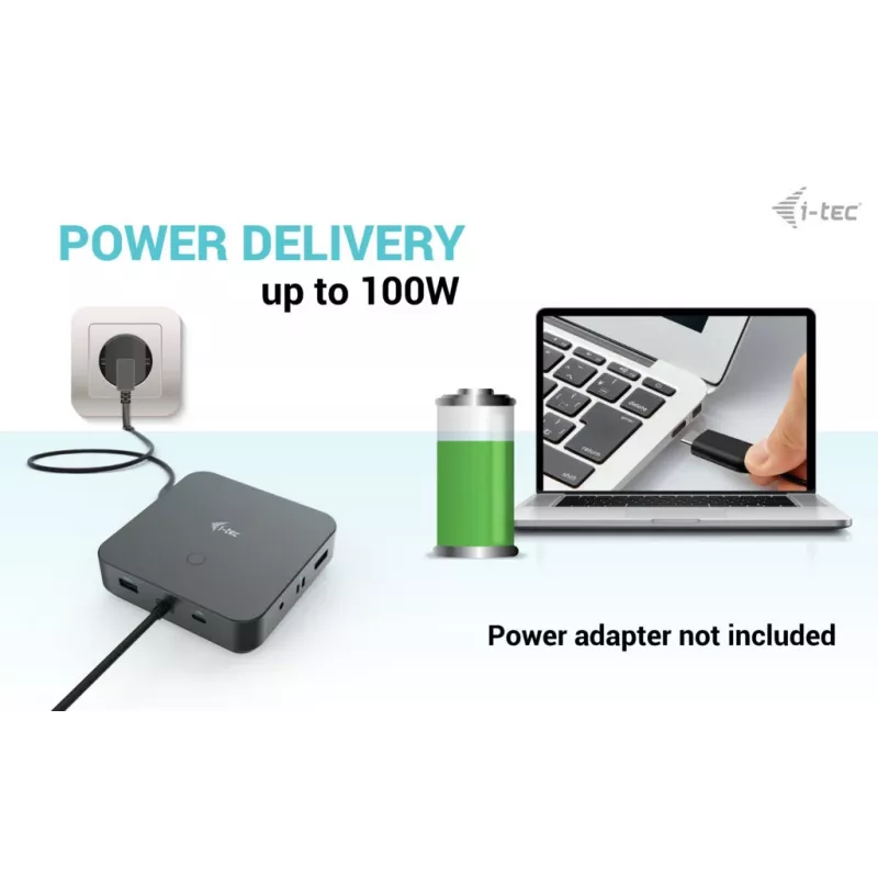 i-tec USB-C HDMI Dual DP dokų stotelė su 100 W maitinimo adapteriu