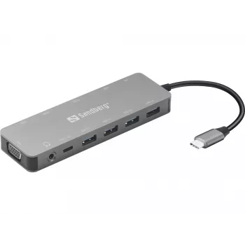 Sandberg USB-C 13-in-1 kelioninis dokas, USB Type-C, 100 W Power Delivery, Ethernet 1000 Mbit/s