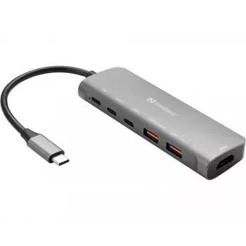 Sandberg USB-C Dock HDMI + 2xUSB-A + 2xUSB-C + PD100W, laidinis, USB 3.2 Gen 1 Type-C, 100 W, aliuminis, 4K Ultra HD, 3840 x 2160 pikseliai