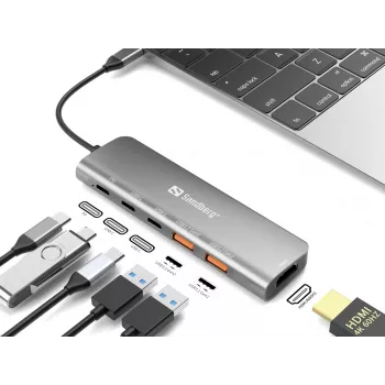 Sandberg USB-C Dock HDMI + 2xUSB-A + 2xUSB-C + PD100W, laidinis, USB 3.2 Gen 1 Type-C, 100 W, aliuminis, 4K Ultra HD, 3840 x 2160 pikseliai