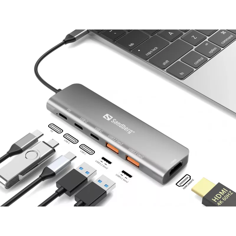 Sandberg USB-C Dock HDMI + 2xUSB-A + 2xUSB-C + PD100W, laidinis, USB 3.2 Gen 1 Type-C, 100 W, aliuminis, 4K Ultra HD, 3840 x 2160 pikseliai