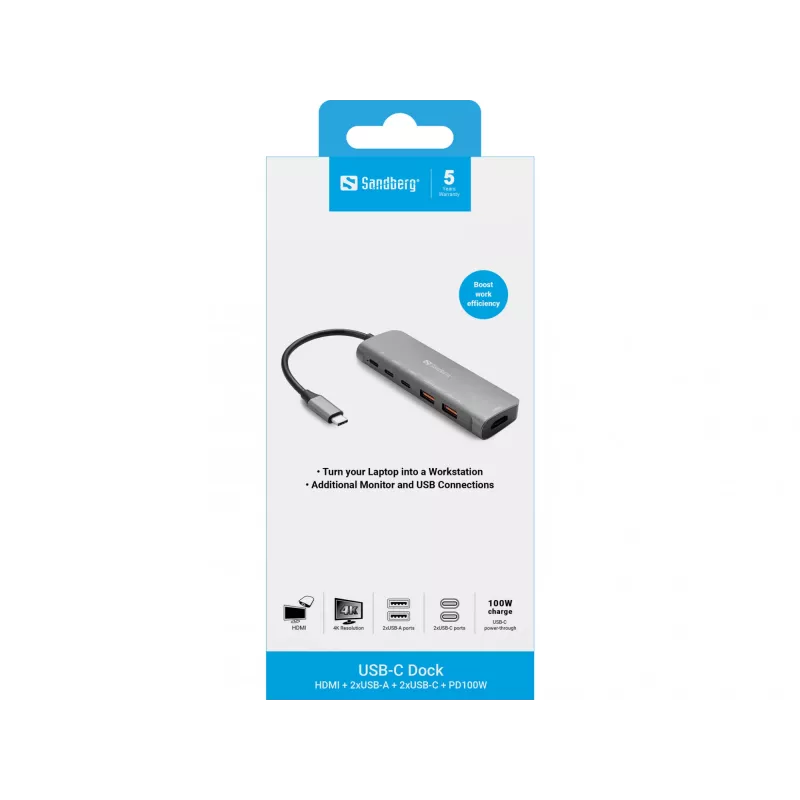Sandberg USB-C Dock HDMI + 2xUSB-A + 2xUSB-C + PD100W, laidinis, USB 3.2 Gen 1 Type-C, 100 W, aliuminis, 4K Ultra HD, 3840 x 2160 pikseliai
