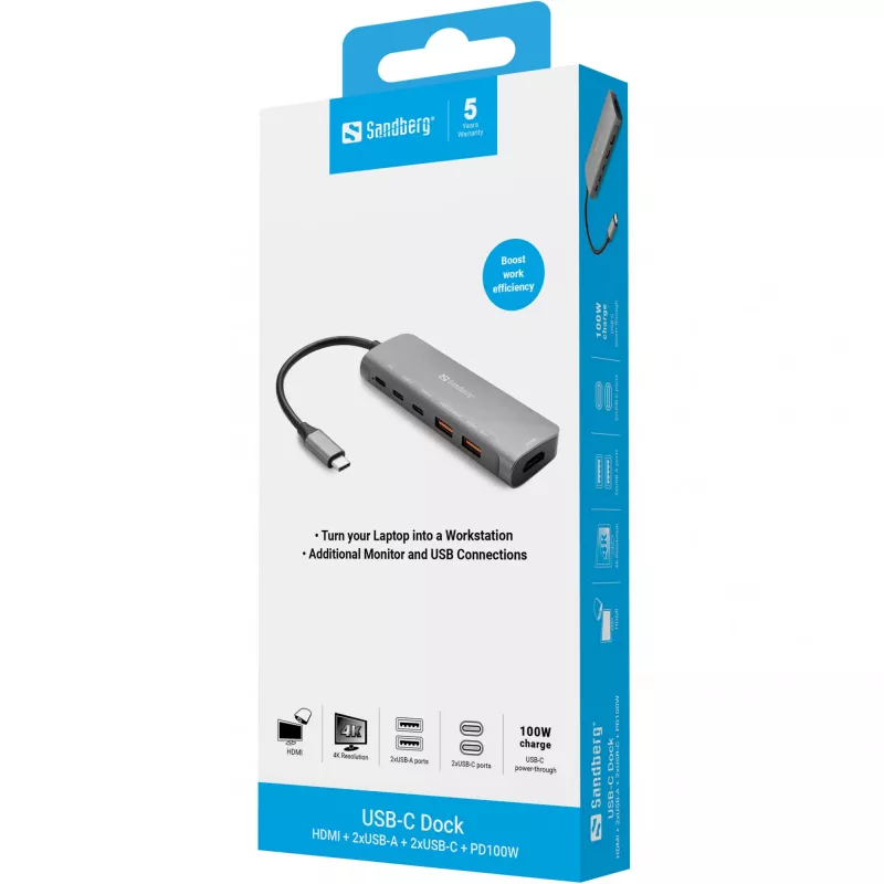 Sandberg USB-C Dock HDMI + 2xUSB-A + 2xUSB-C + PD100W, laidinis, USB 3.2 Gen 1 Type-C, 100 W, aliuminis, 4K Ultra HD, 3840 x 2160 pikseliai