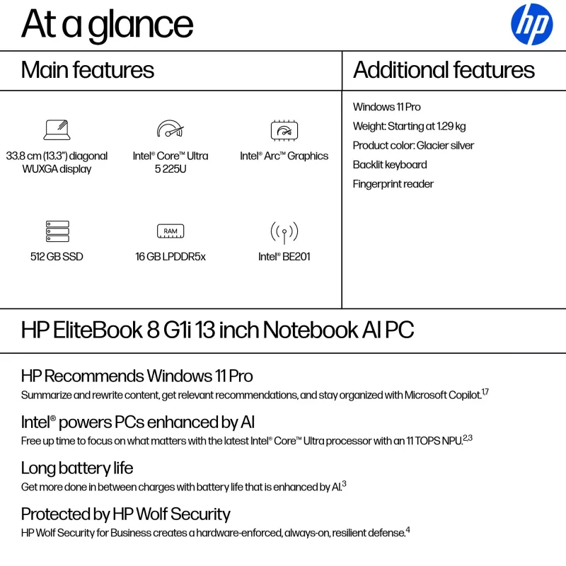HP EliteBook 8 G1i AI Intel Core Ultra 5 225U nešiojamas kompiuteris 33,8 cm (13,3 colio) WUXGA 16 GB LPDDR5x-SDRAM „Wi-Fi 7“ (802.11be) „Windows 11 Pro“ AI asmeninis kompiuteris