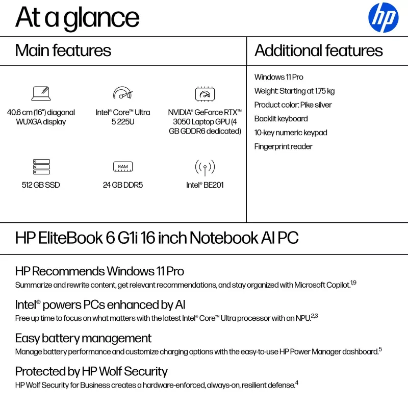 HP EliteBook 6 G1i AI Intel Core Ultra 5 225U nešiojamas kompiuteris 40.6 cm (16 colių) WUXGA 24 GB DDR5-SDRAM Wi-Fi 7 (802.11be) Windows 11 Pro AI PC sidabrinis