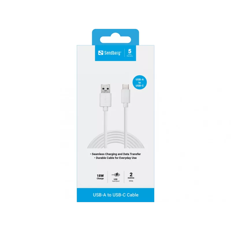 Sandberg 136-14 USB-C 3.1 – USB-A 3.0 kabelis, 2 m, kištukas/kištukas, baltas