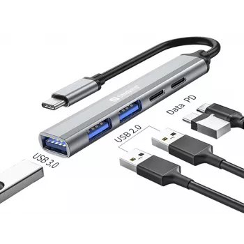 Sandberg USB-C į 3xUSB-A+2xUSB-C SAVER USB 3.2 Gen 1 pilka aliuminio