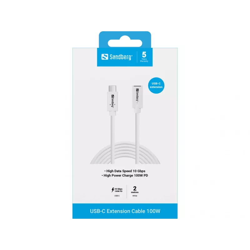 Sandberg 136-55 USB-C kabelio ilgintuvas, kištukas–lizdas, 100 W, 10 Gbps, 2 m, baltas