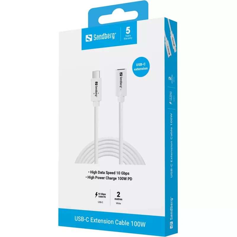 Sandberg 136-55 USB-C kabelio ilgintuvas, kištukas–lizdas, 100 W, 10 Gbps, 2 m, baltas
