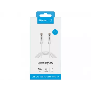 Sandberg USB-CC USB 3.2 Gen2 100W, 1M laidas, USB C – USB C, 10 Gbit/s, baltas