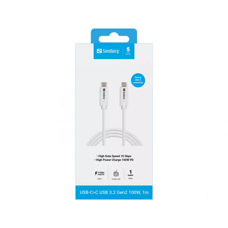 Sandberg USB-CC USB 3.2 Gen2 100W, 1M laidas, USB C – USB C, 10 Gbit/s, baltas