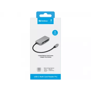 Sandberg USB-C Multi Card Reader Pro, CF, MMC, MicroSD, SD, SDHC, SDXC, xD, juodas, USB 3.2 Gen 1 Type-C, 1 vnt., 82 mm, 23 mm