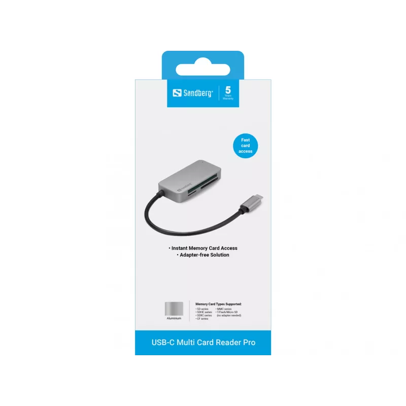 Sandberg USB-C Multi Card Reader Pro, CF, MMC, MicroSD, SD, SDHC, SDXC, xD, juodas, USB 3.2 Gen 1 Type-C, 1 vnt., 82 mm, 23 mm