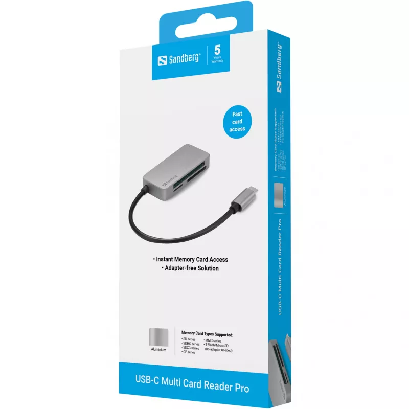 Sandberg USB-C Multi Card Reader Pro, CF, MMC, MicroSD, SD, SDHC, SDXC, xD, juodas, USB 3.2 Gen 1 Type-C, 1 vnt., 82 mm, 23 mm