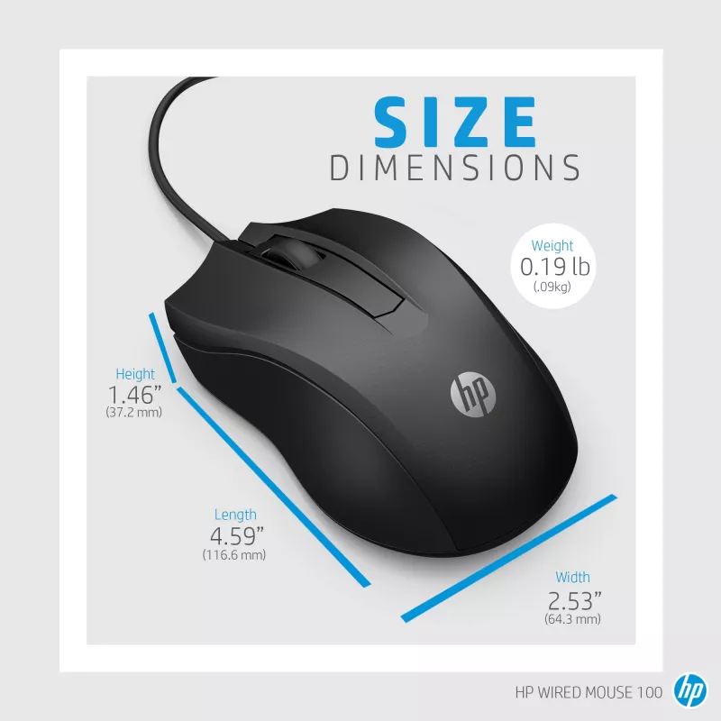HP Wired Mouse 100, ambidekstrinė, optinė, USB Type-A, 1600 DPI, juoda