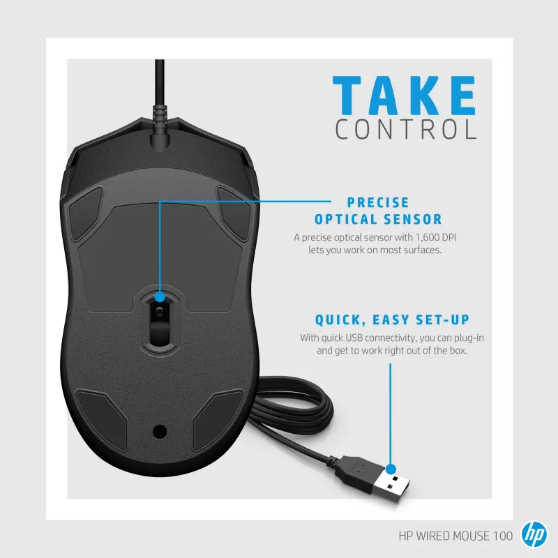 HP Wired Mouse 100, ambidekstrinė, optinė, USB Type-A, 1600 DPI, juoda