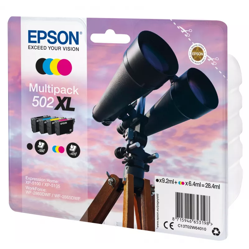 Epson 502XL C13T02W64020 Claria Home Ink keturių XL kasečių rašalo komplektas, 4 vnt., 28,4 ml, juoda/žydra/purpurinė/geltona, iki 550 (juoda) / 470 (spalvos) puslapių