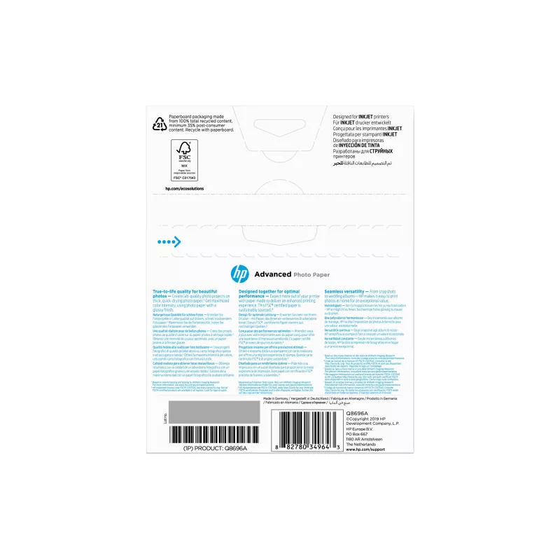 HP Q8696A Advanced Glossy fotopopierius (blizgus, be rėmelių), 250 g/m², 13 x 18 cm (130 x 180 mm), 25 vnt.