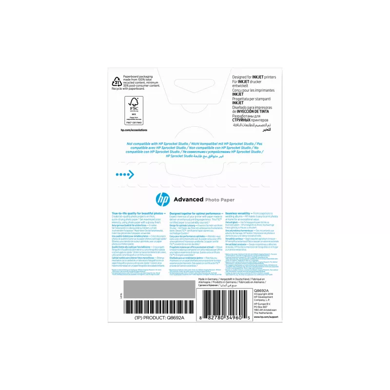 HP Advanced Photo Paper Glossy 250 g/m² 10×15 cm (101×152 mm) 100 lapų