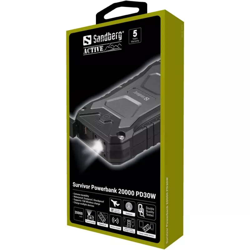 Sandberg Survivor Powerbank 20000 PD30W, 20000 mAh, belaidžiu įkrovimu, juoda