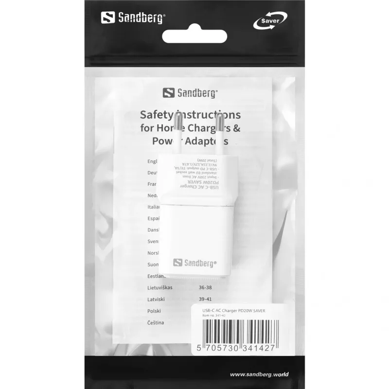 Sandberg USB-C AC įkroviklis PD20W SAVER, patalpų, AC, 12 V, 3 A, baltas