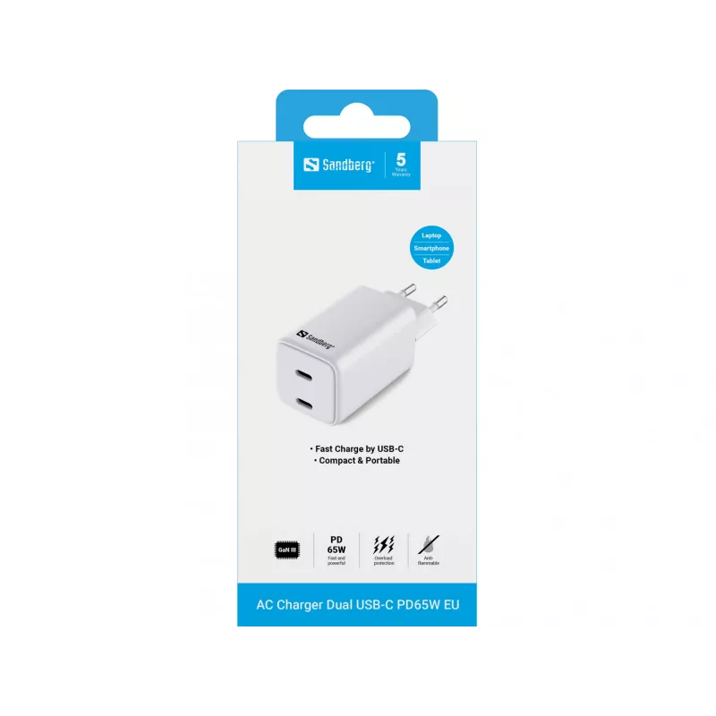 Sandberg AC įkroviklis Dual USB-C PD65W EU, vidaus, AC, 20 V, 3,25 A, baltas