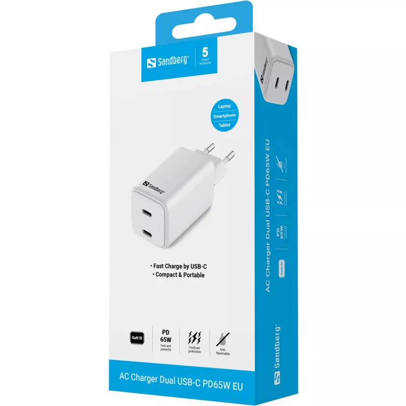 Sandberg AC įkroviklis Dual USB-C PD65W EU, vidaus, AC, 20 V, 3,25 A, baltas