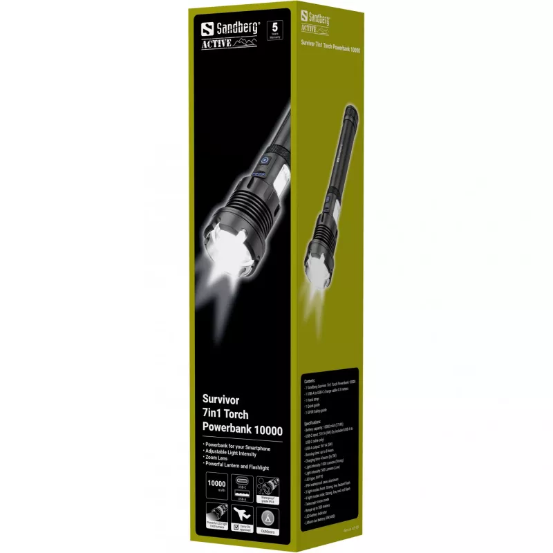 Sandberg Survivor 7in1 žibintuvėlis su powerbank 10000, rankinis, juodas, aliuminis, LED, 2 lempos, 500 lm