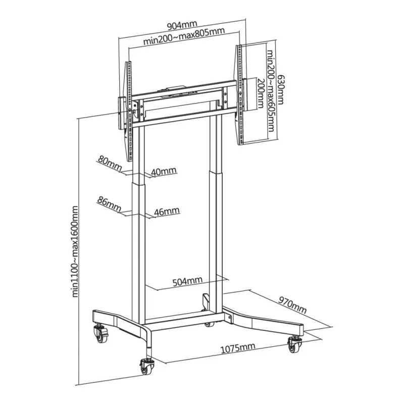 Techly ICA-TR68M elektrinis mobilus TV stovas 55–100 colių (139,7–254 cm) juodas