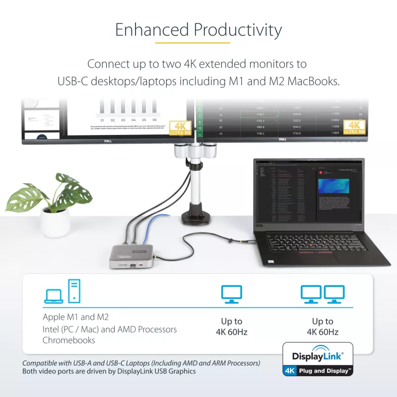 StarTech.com USB-C dokavimo stotelė, dvigubas 4K 60Hz HDMI, suderinama su Macbook Pro (M1/M2/M3/M4) ir Windows, USB-A/USB-C 10Gbps šakotuvas, 100W galios perdavimas, GbE, SD, 22in/56cm kabelis
