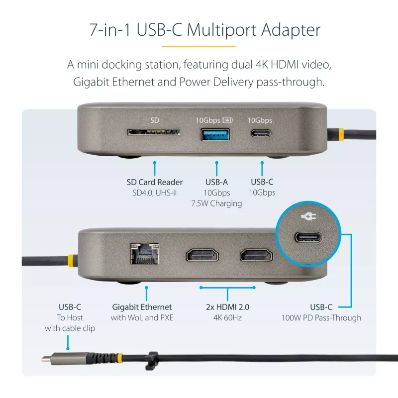 StarTech.com USB-C dokavimo stotelė, dvigubas 4K 60Hz HDMI, suderinama su Macbook Pro (M1/M2/M3/M4) ir Windows, USB-A/USB-C 10Gbps šakotuvas, 100W galios perdavimas, GbE, SD, 22in/56cm kabelis