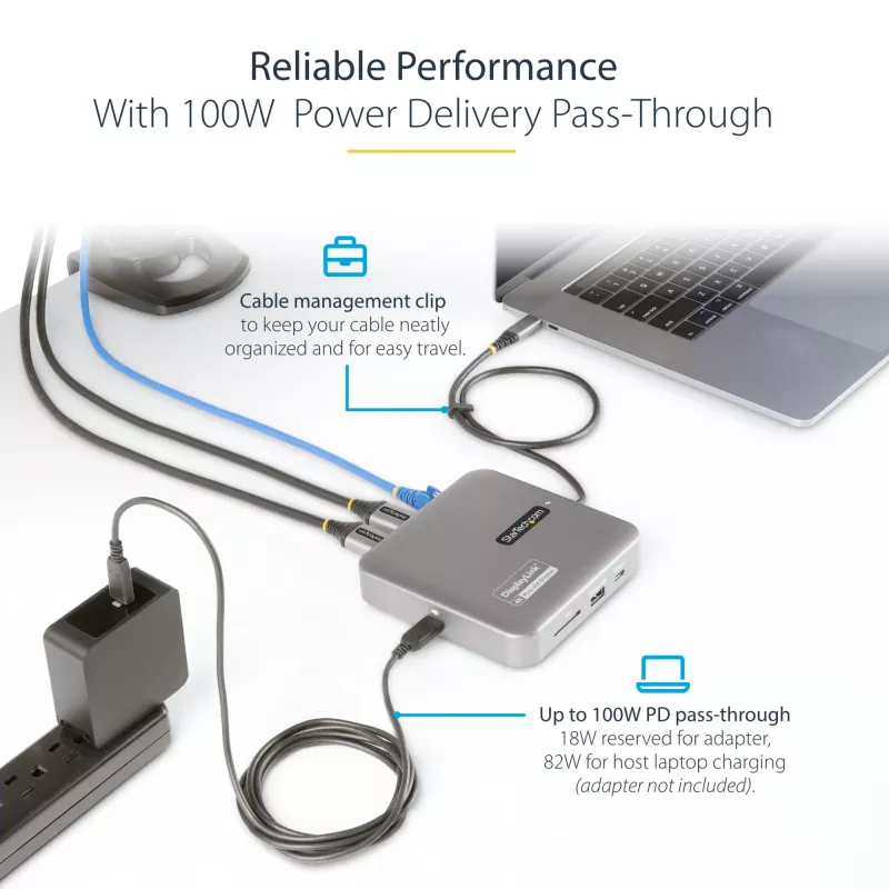 StarTech.com USB-C dokavimo stotelė, dvigubas 4K 60Hz HDMI, suderinama su Macbook Pro (M1/M2/M3/M4) ir Windows, USB-A/USB-C 10Gbps šakotuvas, 100W galios perdavimas, GbE, SD, 22in/56cm kabelis