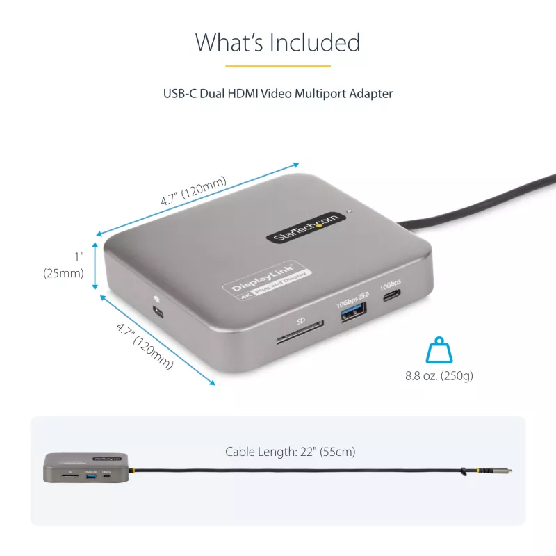 StarTech.com USB-C dokavimo stotelė, dvigubas 4K 60Hz HDMI, suderinama su Macbook Pro (M1/M2/M3/M4) ir Windows, USB-A/USB-C 10Gbps šakotuvas, 100W galios perdavimas, GbE, SD, 22in/56cm kabelis