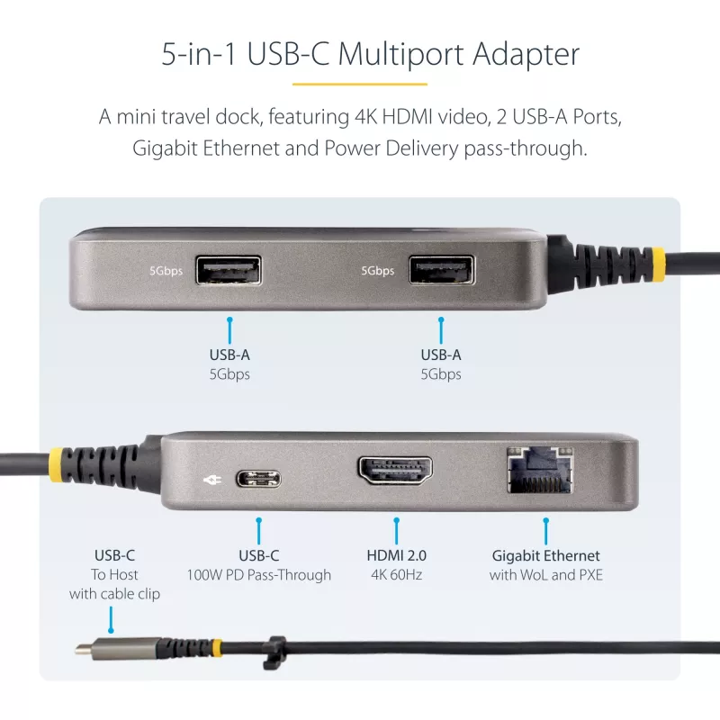 StarTech.com USB-C kelių prievadų adapteris - 4K 60Hz HDMI - HDR - 2 prievadų 5Gbps USB 3.0 centras - 100W Power Delivery perdavimas - GbE - Sertifikuotas Chromebook - Windows/macOS