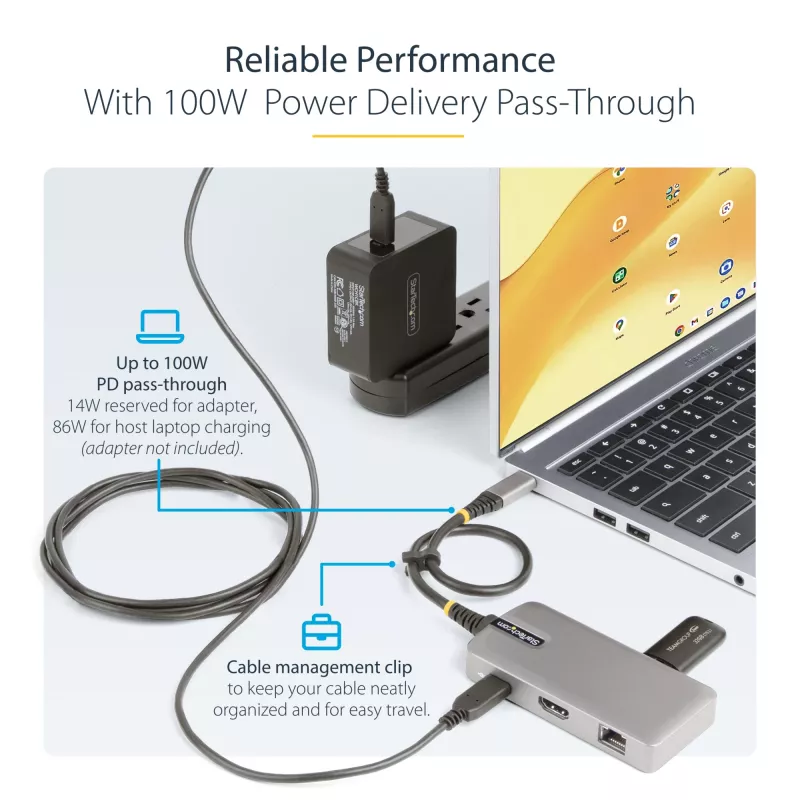 StarTech.com USB-C kelių prievadų adapteris - 4K 60Hz HDMI - HDR - 2 prievadų 5Gbps USB 3.0 centras - 100W Power Delivery perdavimas - GbE - Sertifikuotas Chromebook - Windows/macOS