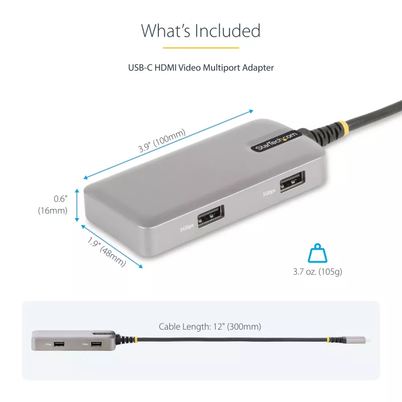 StarTech.com USB-C kelių prievadų adapteris - 4K 60Hz HDMI - HDR - 2 prievadų 5Gbps USB 3.0 centras - 100W Power Delivery perdavimas - GbE - Sertifikuotas Chromebook - Windows/macOS