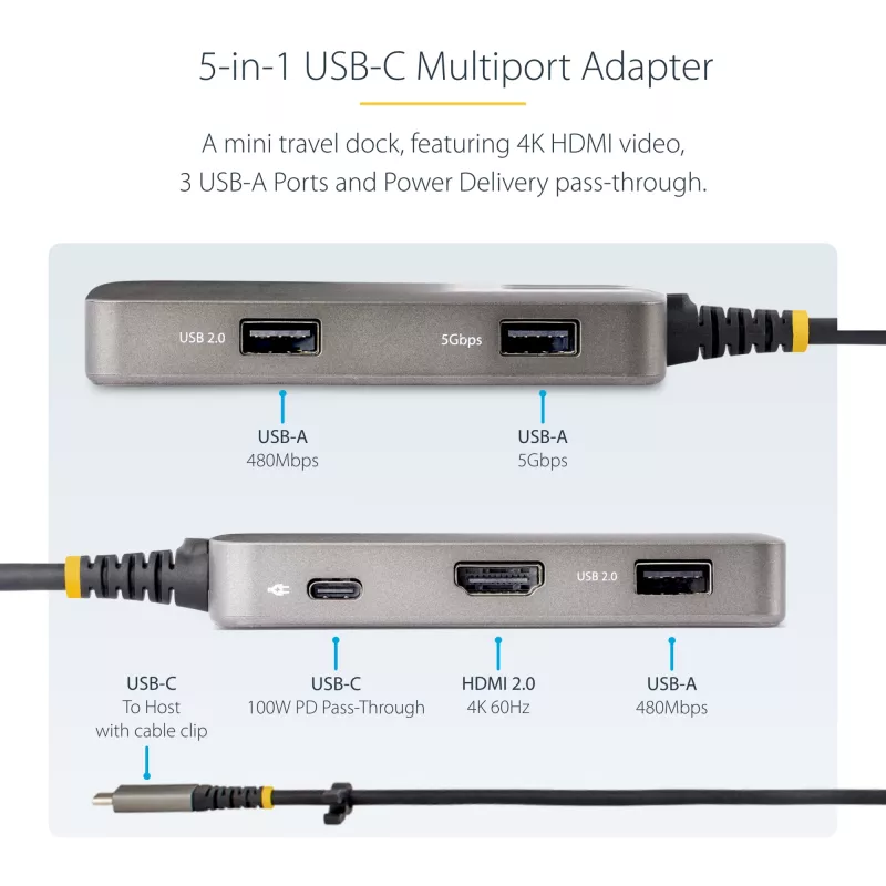 StarTech.com USB-C daugiafunkcis adapteris – 4K 60Hz HDMI su HDR – 3 prievadų USB šakotuvas – 100W Power Delivery perdavimas – sertifikuotas Chromebook