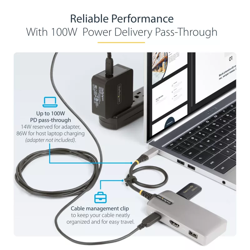 StarTech.com USB-C daugiafunkcis adapteris – 4K 60Hz HDMI su HDR – 3 prievadų USB šakotuvas – 100W Power Delivery perdavimas – sertifikuotas Chromebook